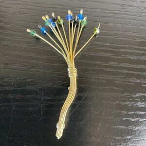 Vintage Gold Wire Beaded Floral Brooch Pin With Multicolored Accents